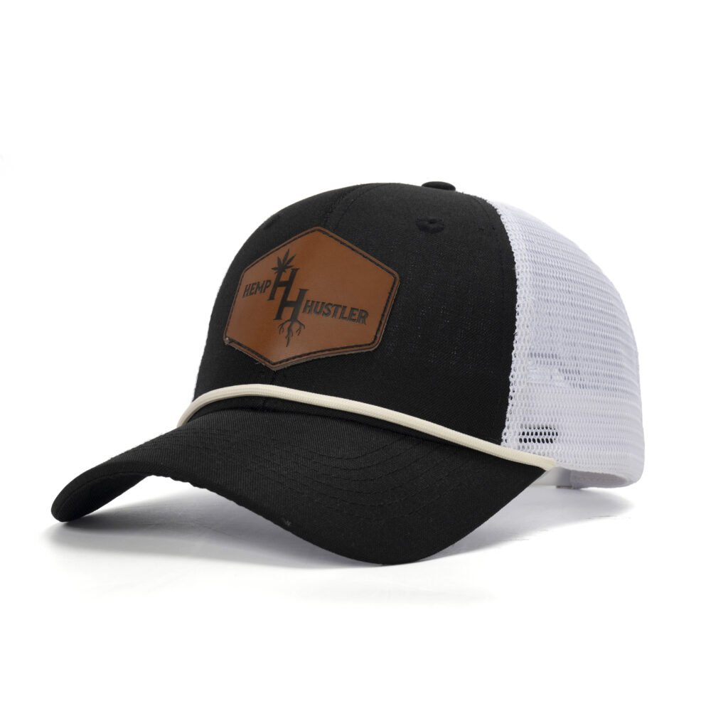 custom trucker cap with leather patch and decorative cord