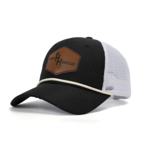 custom trucker cap with leather patch and decorative cord