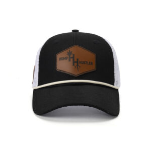 custom trucker cap with leather patch and decorative cord