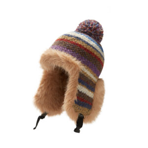Custom Vintage Multi-Tone Horizontal Space Dye Striped Knitted Ski Hat, Thick Camel Shaggy Faux Fur Full Ear Protection, Plastic Buckle Chin Strap, Matching Confetti Pom Pom Winter Trapper Hat