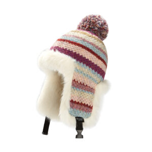 Custom Vintage Multi-Tone Horizontal Space Dye Striped Knitted Ski Hat, Thick Camel Shaggy Faux Fur Full Ear Protection, Plastic Buckle Chin Strap, Matching Confetti Pom Pom Winter Trapper Hat