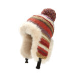 Custom Vintage Multi-Tone Horizontal Space Dye Striped Knitted Ski Hat, Thick Camel Shaggy Faux Fur Full Ear Protection, Plastic Buckle Chin Strap, Matching Confetti Pom Pom Winter Trapper Hat