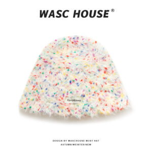 custom yellow multi fleck short fuzzy knit hat