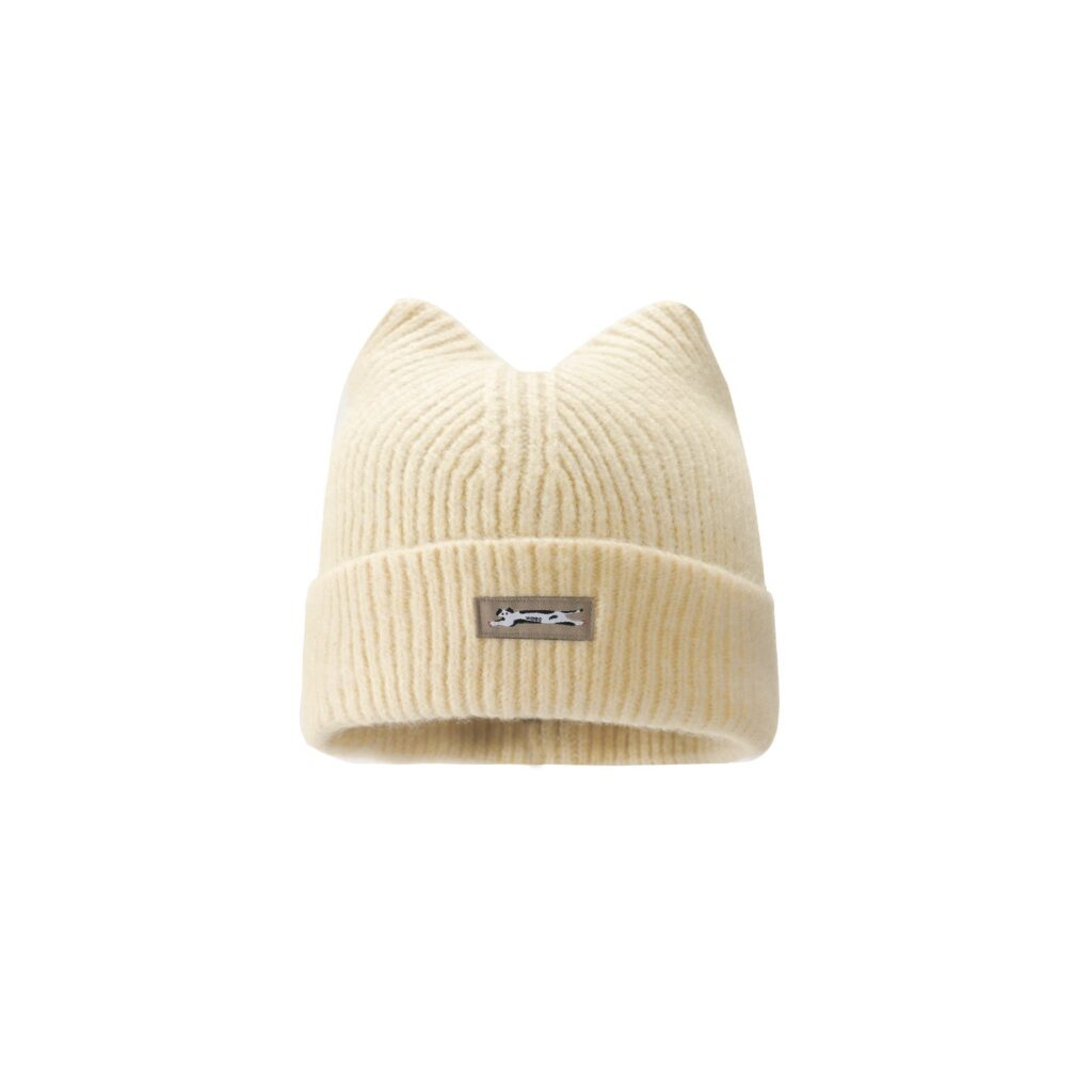 custom soft vertical rib knitted cat ear skull cap, custom animal woven patch logo fold cuff beanie