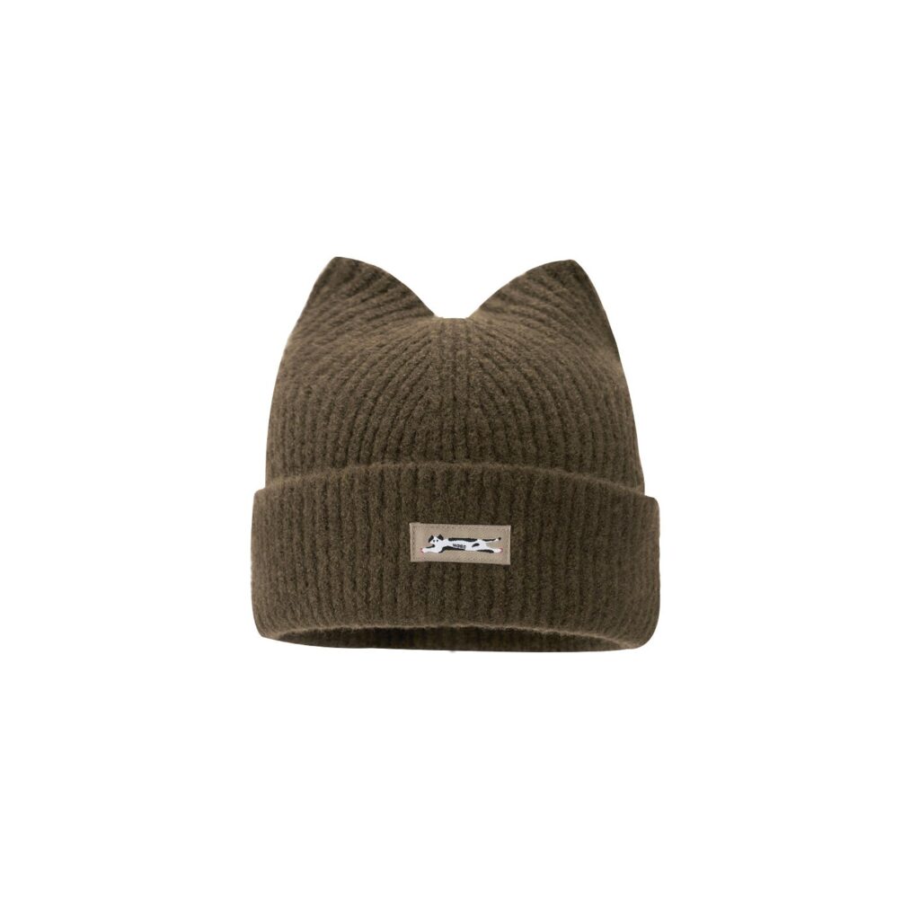 custom soft vertical rib knitted cat ear skull cap, custom animal woven patch logo fold cuff beanie