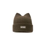 custom soft vertical rib knitted cat ear skull cap, custom animal woven patch logo fold cuff beanie