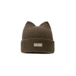 custom soft vertical rib knitted cat ear skull cap, custom animal woven patch logo fold cuff beanie