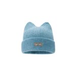 custom soft vertical rib knitted cat ear skull cap, custom animal woven patch logo fold cuff beanie