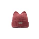 custom soft vertical rib knitted cat ear skull cap, custom animal woven patch logo fold cuff beanie