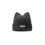 custom soft vertical rib knitted cat ear skull cap, custom animal woven patch logo fold cuff beanie