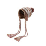 Custom Multi-Color Confetti Speckle Space Dye Knitted Ear Protection Hat, Horizontal White Stripe Jacquard, Top Matching Pom Pom, Long Hand Braided Yarn Tassel Winter Ski Trapper Hat