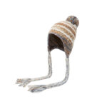 Custom Multi-Color Confetti Speckle Space Dye Knitted Ear Protection Hat, Horizontal White Stripe Jacquard, Top Matching Pom Pom, Long Hand Braided Yarn Tassel Winter Ski Trapper Hat