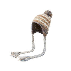 Custom Multi-Color Confetti Speckle Space Dye Knitted Ear Protection Hat, Horizontal White Stripe Jacquard, Top Matching Pom Pom, Long Hand Braided Yarn Tassel Winter Ski Trapper Hat