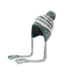 Custom Multi-Color Confetti Speckle Space Dye Knitted Ear Protection Hat, Horizontal White Stripe Jacquard, Top Matching Pom Pom, Long Hand Braided Yarn Tassel Winter Ski Trapper Hat