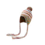 Custom Multi-Color Confetti Speckle Space Dye Knitted Ear Protection Hat, Horizontal White Stripe Jacquard, Top Matching Pom Pom, Long Hand Braided Yarn Tassel Winter Ski Trapper Hat