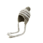 Custom Multi-Color Confetti Speckle Space Dye Knitted Ear Protection Hat, Horizontal White Stripe Jacquard, Top Matching Pom Pom, Long Hand Braided Yarn Tassel Winter Ski Trapper Hat