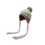 Custom Multi-Color Confetti Speckle Space Dye Knitted Ear Protection Hat, Horizontal White Stripe Jacquard, Top Matching Pom Pom, Long Hand Braided Yarn Tassel Winter Ski Trapper Hat