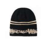 custom frayed brim knitted skull cap with feather yarn jacquard