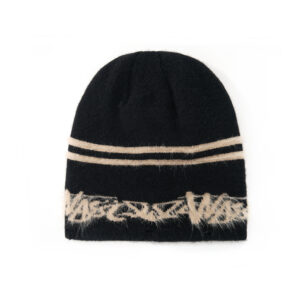 custom frayed brim knitted skull cap with feather yarn jacquard