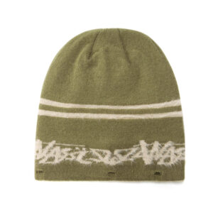 custom frayed brim knitted skull cap with feather yarn jacquard