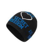 custom solid color knitted beanie, full wrap around slogan & outline heart jacquard pattern, fold cuff soft acrylic winter hat