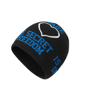 custom solid color knitted beanie, full wrap around slogan & outline heart jacquard pattern, fold cuff soft acrylic winter hat