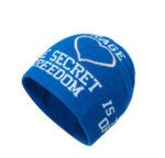 custom solid color knitted beanie, full wrap around slogan & outline heart jacquard pattern, fold cuff soft acrylic winter hat