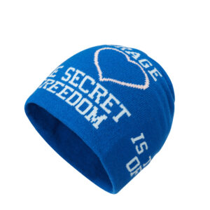 custom solid color knitted beanie, full wrap around slogan & outline heart jacquard pattern, fold cuff soft acrylic winter hat