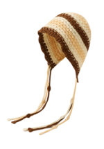 custom 3 tone coffee beige hand crochet knitted ear protection bonnet, hollow mesh stitch, multi bead knit string ties vintage outdoor hat