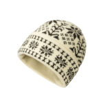 custom cream base nordic snowflake jacquard knitted winter beanie, classic fair isle border pattern fold cuff hat