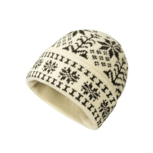 custom cream base nordic snowflake jacquard knitted winter beanie, classic fair isle border pattern fold cuff hat