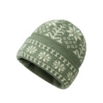 custom cream base nordic snowflake jacquard knitted winter beanie, classic fair isle border pattern fold cuff hat