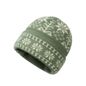 custom cream base nordic snowflake jacquard knitted winter beanie, classic fair isle border pattern fold cuff hat