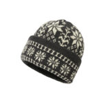 custom cream base nordic snowflake jacquard knitted winter beanie, classic fair isle border pattern fold cuff hat