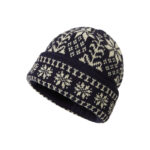 custom cream base nordic snowflake jacquard knitted winter beanie, classic fair isle border pattern fold cuff hat