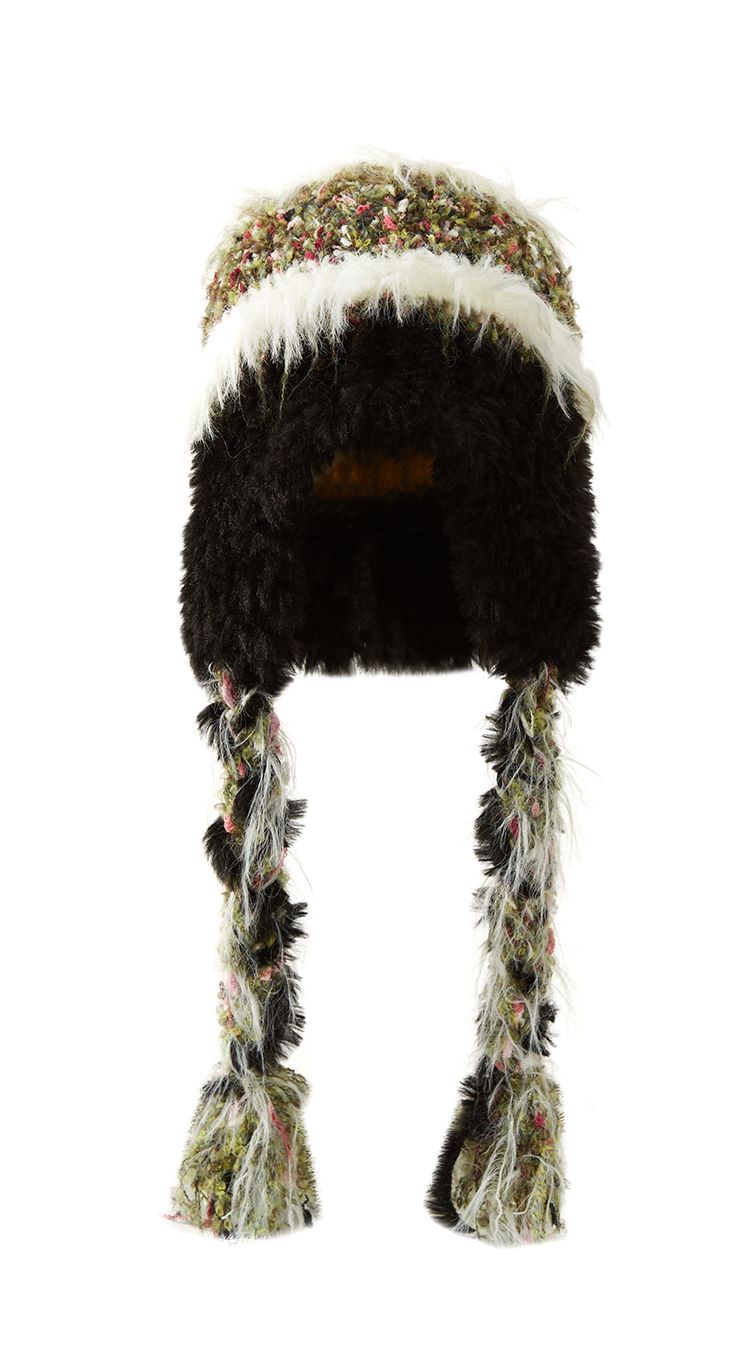 custom mixed color speckle tweed knitted ear protection hat, long shaggy mohair lined ear flaps, hand braided yarn tassel winter trapper hat