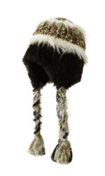 custom mixed color speckle tweed knitted ear protection hat, long shaggy mohair lined ear flaps, hand braided yarn tassel winter trapper hat