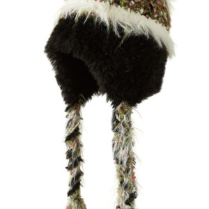 custom mixed color speckle tweed knitted ear protection hat, long shaggy mohair lined ear flaps, hand braided yarn tassel winter trapper hat