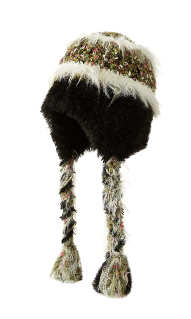 custom mixed color speckle tweed knitted ear protection hat, long shaggy mohair lined ear flaps, hand braided yarn tassel winter trapper hat