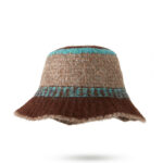 custom mixed fleck wool mohair blend knitted bucket hat, horizontal color block jacquard stripes, irregular raw edge flared brim vintage winter fisherman hat