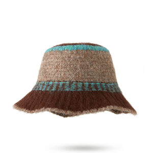 custom mixed fleck wool mohair blend knitted bucket hat, horizontal color block jacquard stripes, irregular raw edge flared brim vintage winter fisherman hat