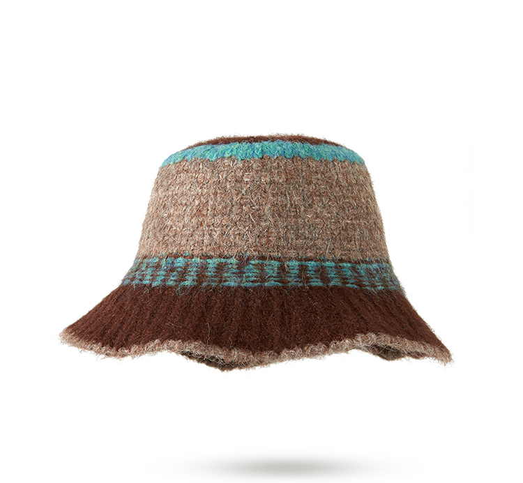 custom mixed fleck wool mohair blend knitted bucket hat, horizontal color block jacquard stripes, irregular raw edge flared brim vintage winter fisherman hat