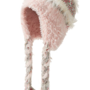 custom mixed color speckle tweed knitted ear protection hat, long shaggy mohair lined ear flaps, hand braided yarn tassel winter trapper hat