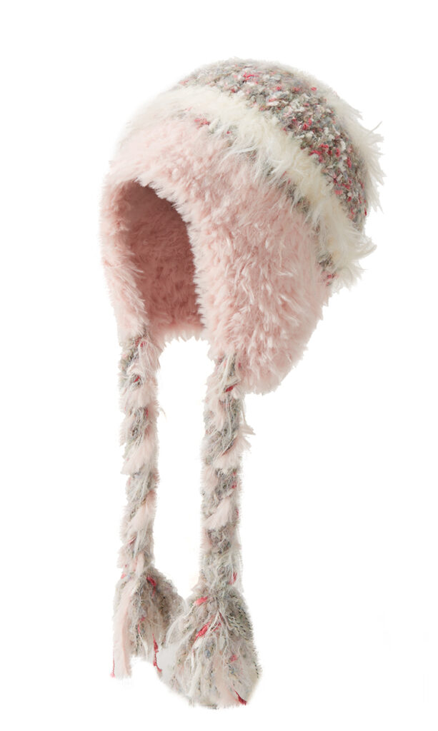 custom mixed color speckle tweed knitted ear protection hat, long shaggy mohair lined ear flaps, hand braided yarn tassel winter trapper hat