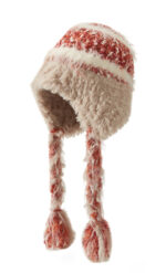 custom mixed color speckle tweed knitted ear protection hat, long shaggy mohair lined ear flaps, hand braided yarn tassel winter trapper hat