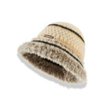 custom cream bouclé textured knitted bucket hat, dual color horizontal stripe jacquard, two tone shaggy faux fur flared brim, sew on brand woven tag winter hat