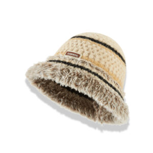 custom cream bouclé textured knitted bucket hat, dual color horizontal stripe jacquard, two tone shaggy faux fur flared brim, sew on brand woven tag winter hat