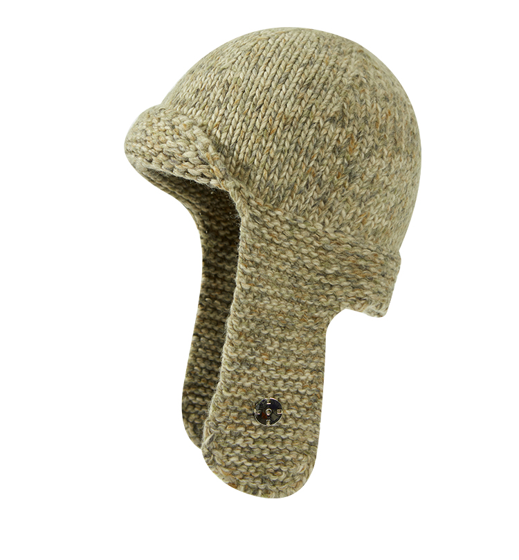 custom cream multi speckle chunky vertical rib knitted aviator hat, mini flat short brim, metal snap button adjustable ear flaps winter outdoor hat