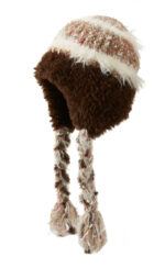 custom mixed color speckle tweed knitted ear protection hat, long shaggy mohair lined ear flaps, hand braided yarn tassel winter trapper hat