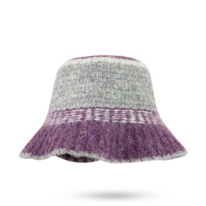 custom mixed fleck wool mohair blend knitted bucket hat, horizontal color block jacquard stripes, irregular raw edge flared brim vintage winter fisherman hat